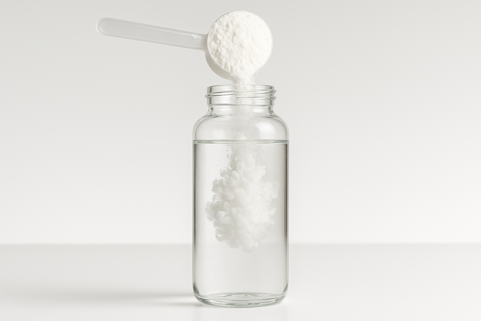 creatine being poured into glass bottle filled with water